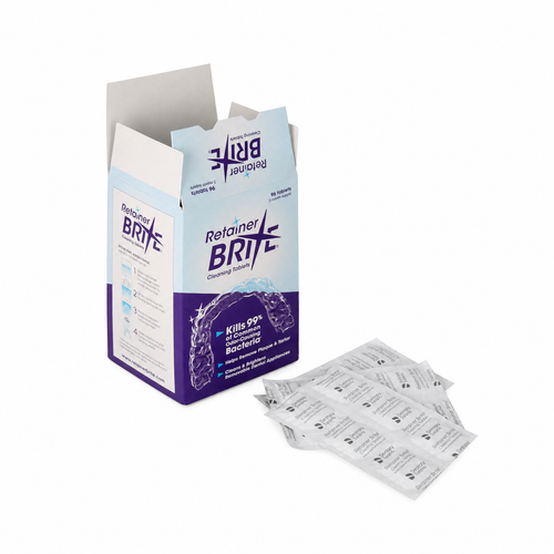 Geopende doos Retainer Brite met 96 reinigingstabletten en sachets